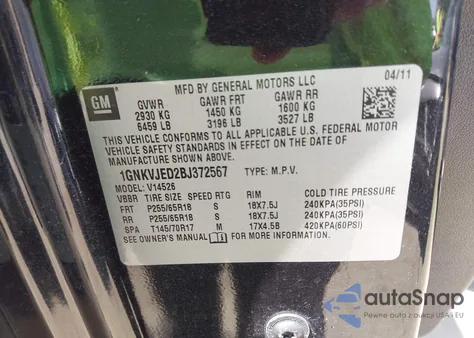 2011 Chevrolet Traverse 2Lt from USA, damaged, VIN 1GNKVJED2BJ372567